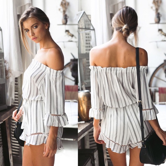 Off Shoulder White Striped Ruffled Romper - Picture 2 of 5